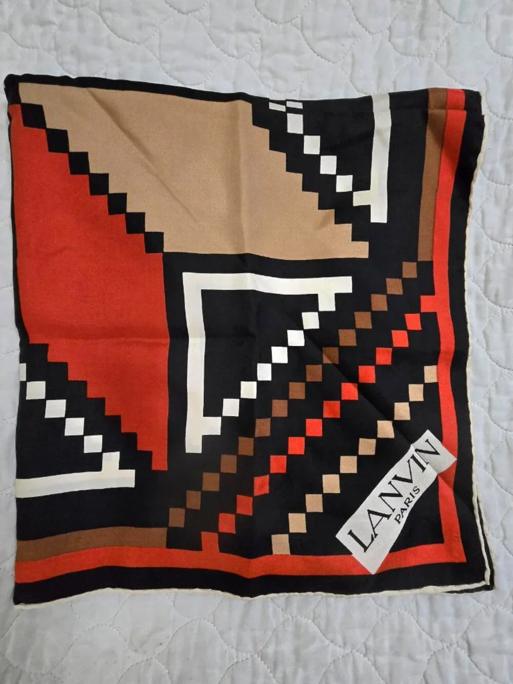 Vtg Lanvin 100% Silk Scarf Rust/Orange Navy Tan Ecru French Geometric 26